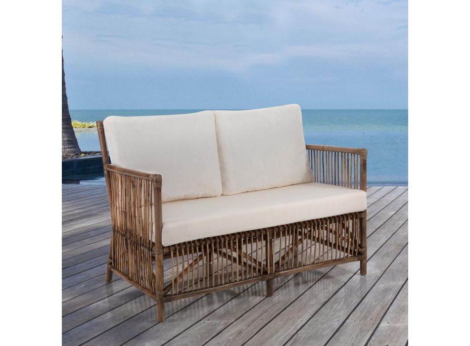 2-Seater Outdoor and Indoor Sofa in Rattan and Cushions in 100% Cotton - Boire Viadurini