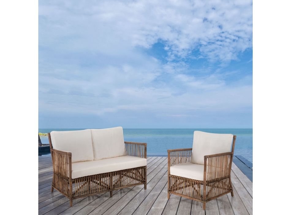 2-Seater Outdoor and Indoor Sofa in Rattan and Cushions in 100% Cotton - Boire Viadurini