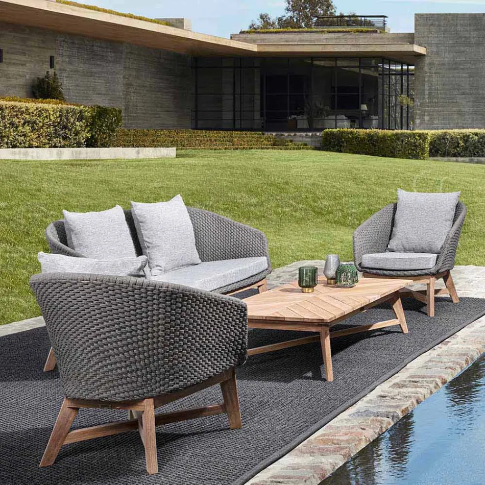 2 Seater Outdoor Sofa in Fabric with Teak Structure, Homemotion - Azeno Viadurini