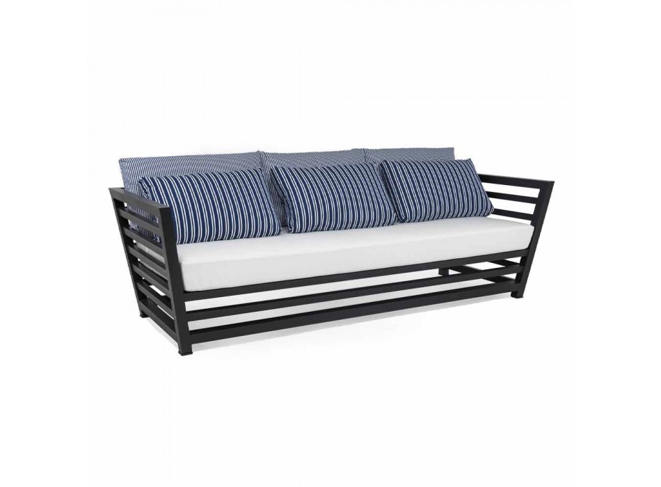 3 Seater Outdoor Sofa in White or Black Aluminum and Blue Cushions - Cynthia Viadurini