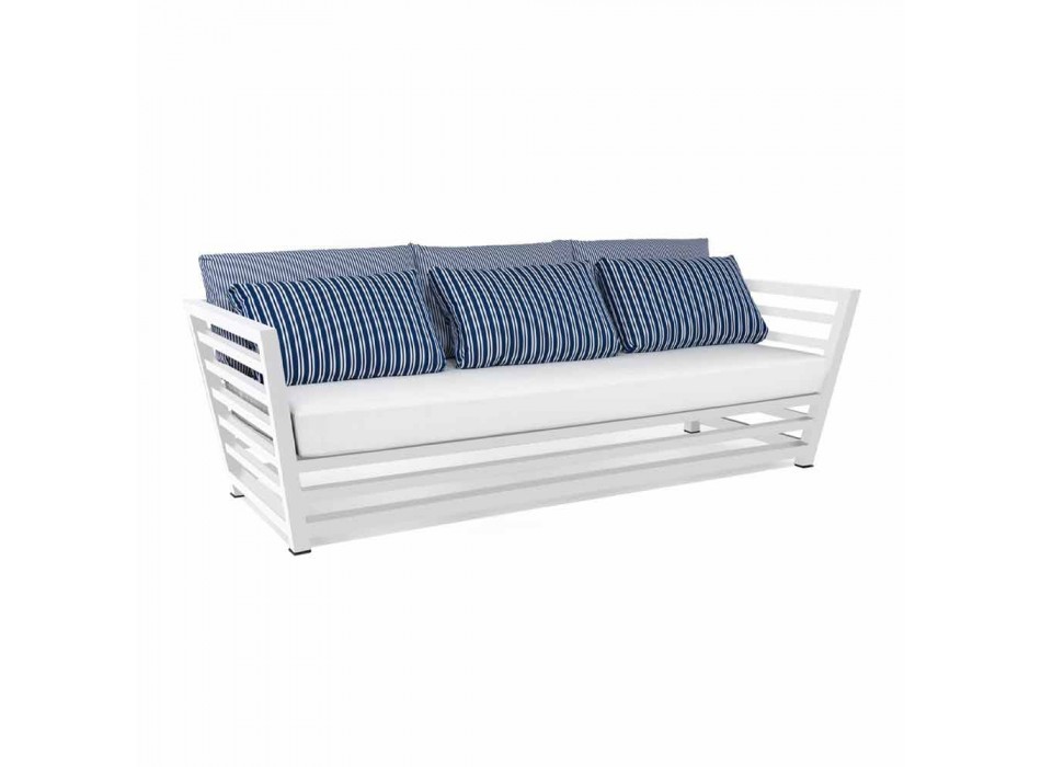 3 Seater Outdoor Sofa in White or Black Aluminum and Blue Cushions - Cynthia
