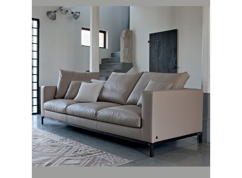 3-Seater Living Room Sofa in Leather, Wood and Metal Made in Italy - Bizzarro Viadurini