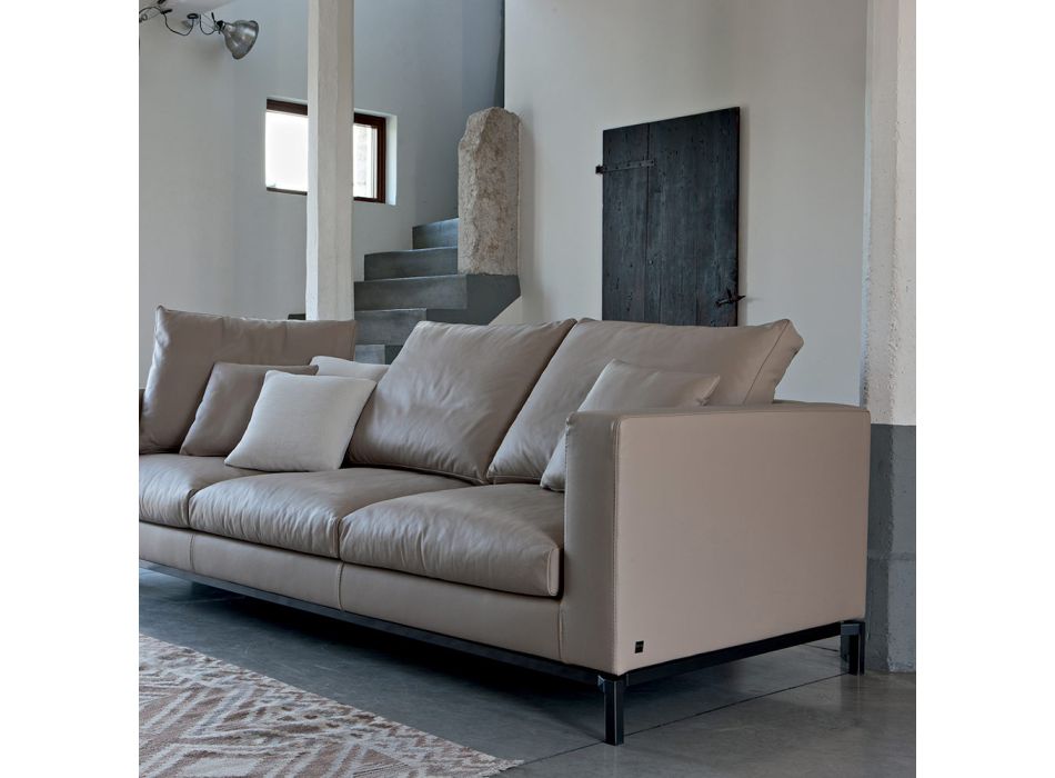 3-Seater Living Room Sofa in Leather, Wood and Metal Made in Italy - Bizzarro Viadurini
