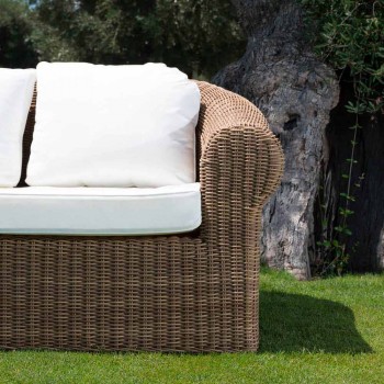 3 Seater Outdoor Sofa in Synthetic Rattan and White or Ecru Fabric - Yves