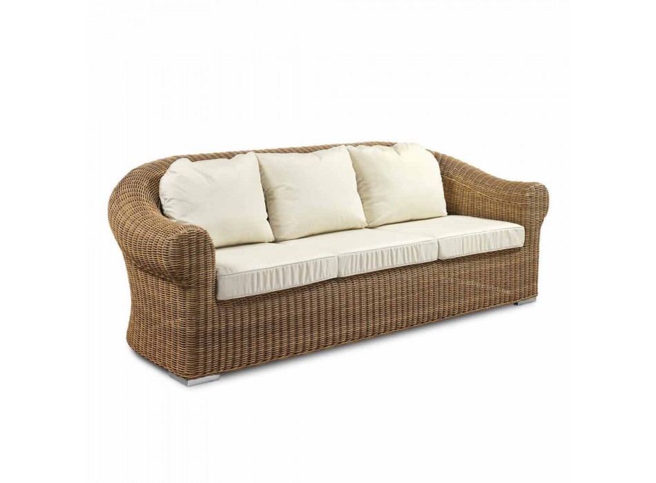 3 Seater Outdoor Sofa in Synthetic Rattan and White or Ecru Fabric - Yves Viadurini