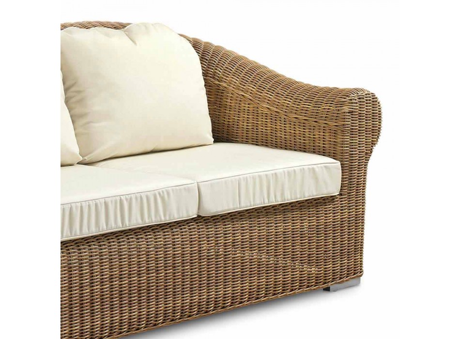 3 Seater Outdoor Sofa in Synthetic Rattan and White or Ecru Fabric - Yves Viadurini