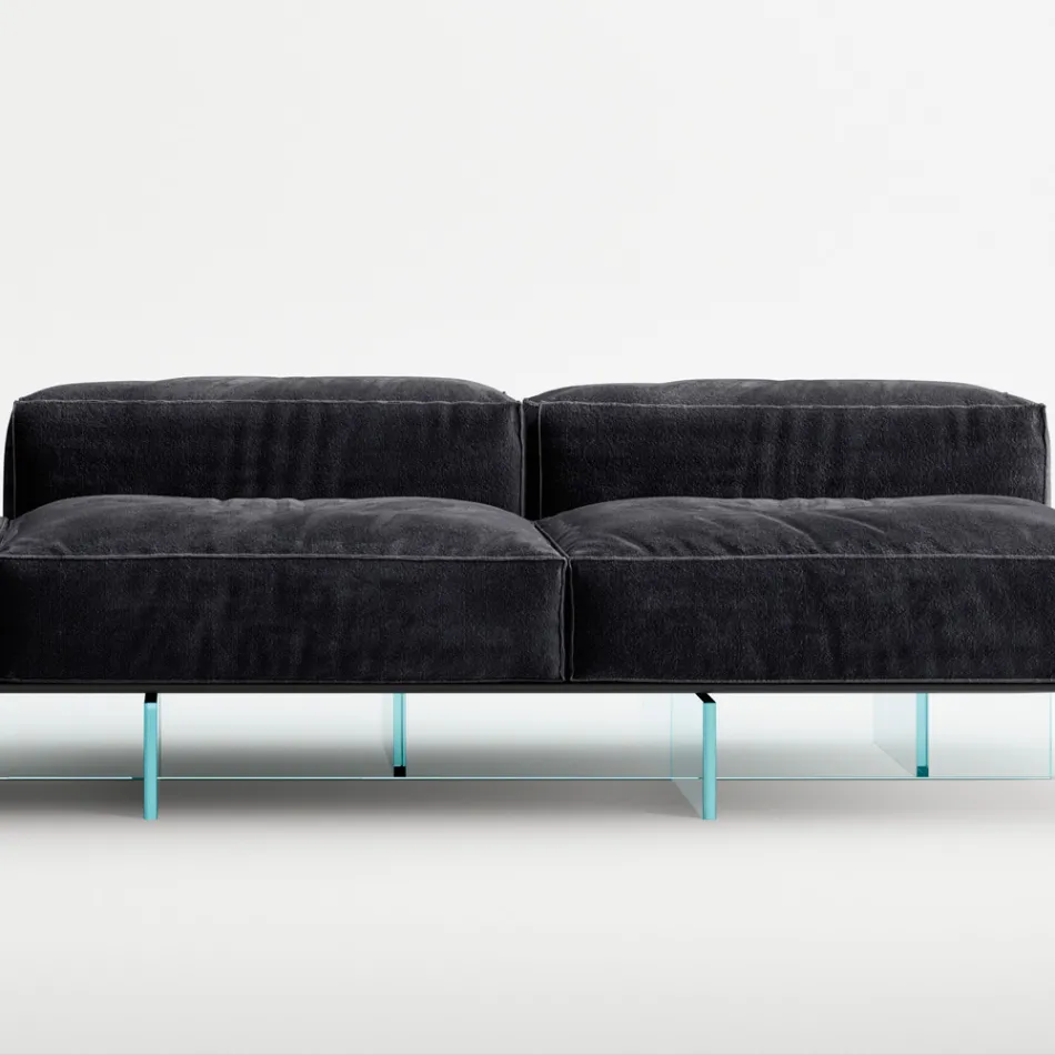 Sofa with Extra-clear Glass Base and Fabric Seat Made in Italy - Rory Viadurini