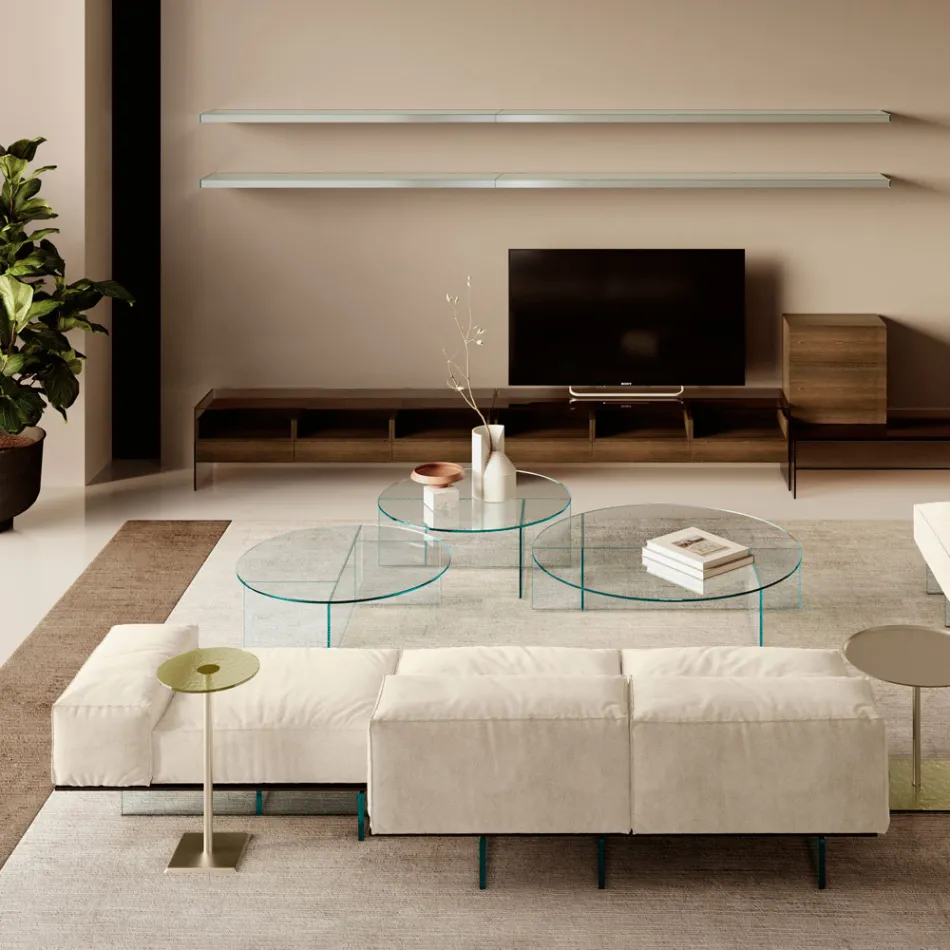 Sofa with Extra-clear Glass Base and Fabric Seat Made in Italy - Rory Viadurini
