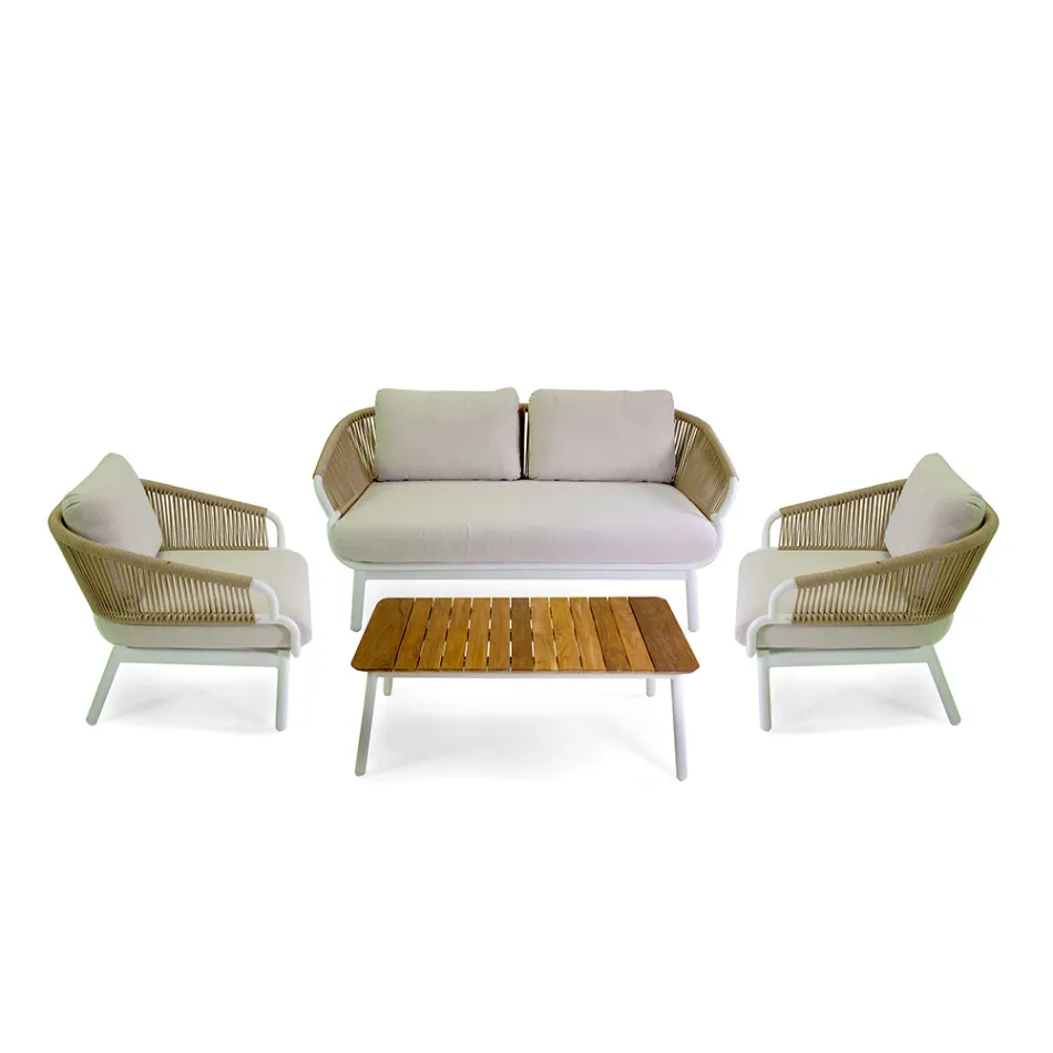 Sofa with Armchairs and Coffee Table in White Aluminum for the Garden - Tenda Viadurini