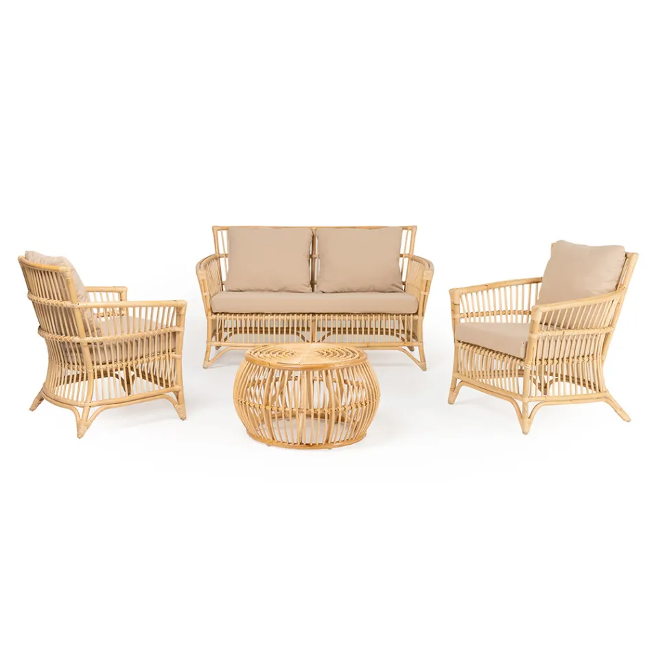 Outdoor Sofa in Natural Rattan, Cushions Included, - Bellaria Viadurini