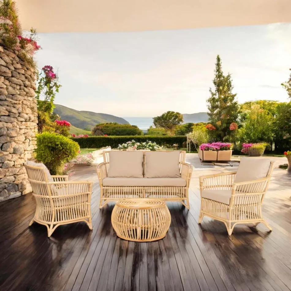 Outdoor Sofa in Natural Rattan, Cushions Included, - Bellaria Viadurini