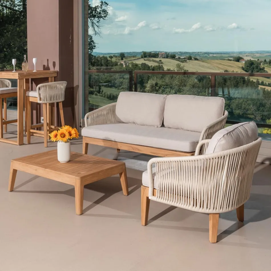Outdoor Sofa in Teak and Polyethylene Weaving - Jhon Viadurini