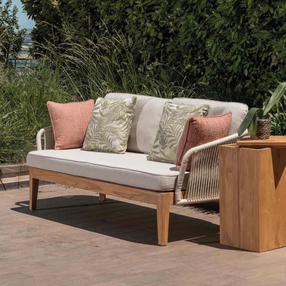 Outdoor Sofa in Teak and Polyethylene Weaving - Jhon Viadurini