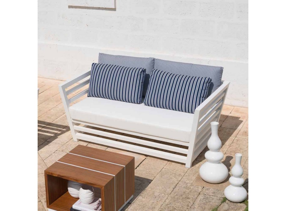 2 Seater Garden Sofa in White or Black Aluminum and Blue Cushions - Cynthia