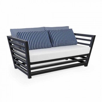 2 Seater Garden Sofa in White or Black Aluminum and Blue Cushions - Cynthia