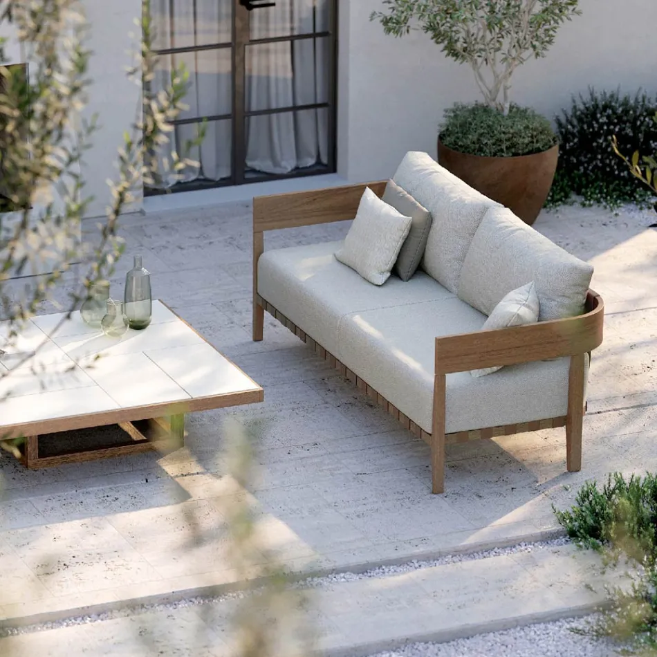Garden Sofa in Teak Wood and Fabric Made in Italy - Briga Viadurini