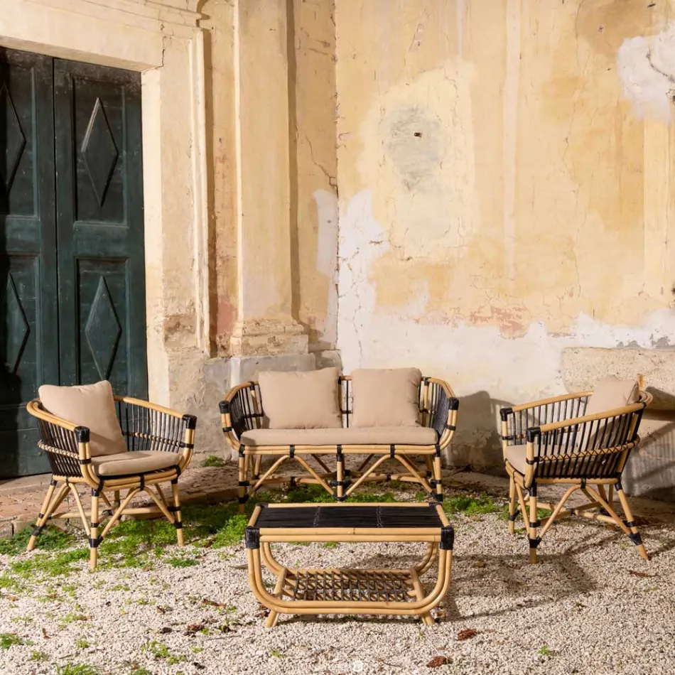 Garden Sofa in Natural Rattan with Cushions Included - Catelyn Viadurini