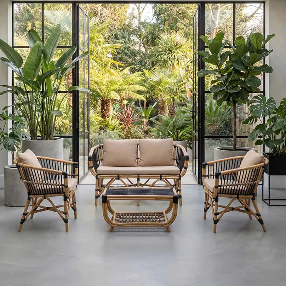 Garden Sofa in Natural Rattan with Cushions Included - Catelyn Viadurini