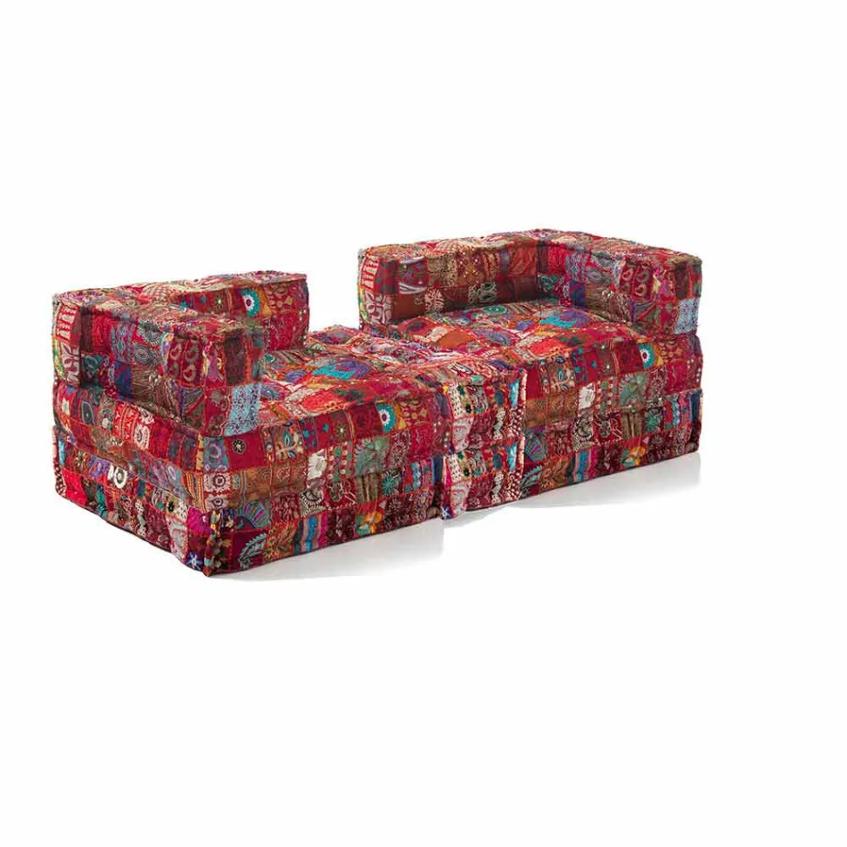 Two Seater Sofa Upholstered in Ethnic Design Colored Fabric - Fiber Viadurini