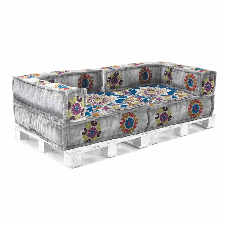 Padded Two-Seater Ethnic Sofa in Patchwork Fabric and Wood - Fiber Viadurini