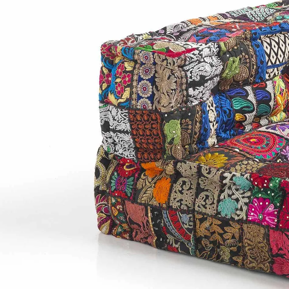 Padded Two-Seater Ethnic Sofa in Patchwork Fabric and Wood - Fiber Viadurini