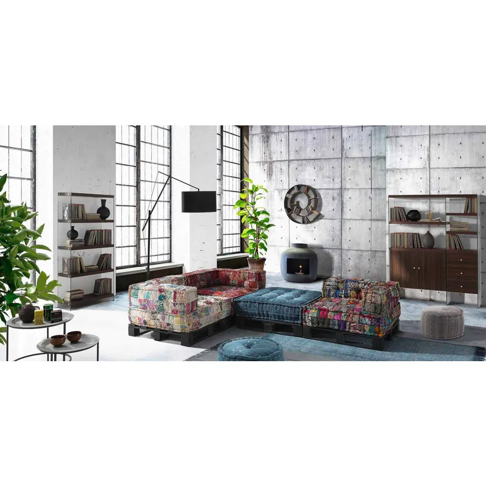 Padded Two-Seater Ethnic Sofa in Patchwork Fabric and Wood - Fiber Viadurini