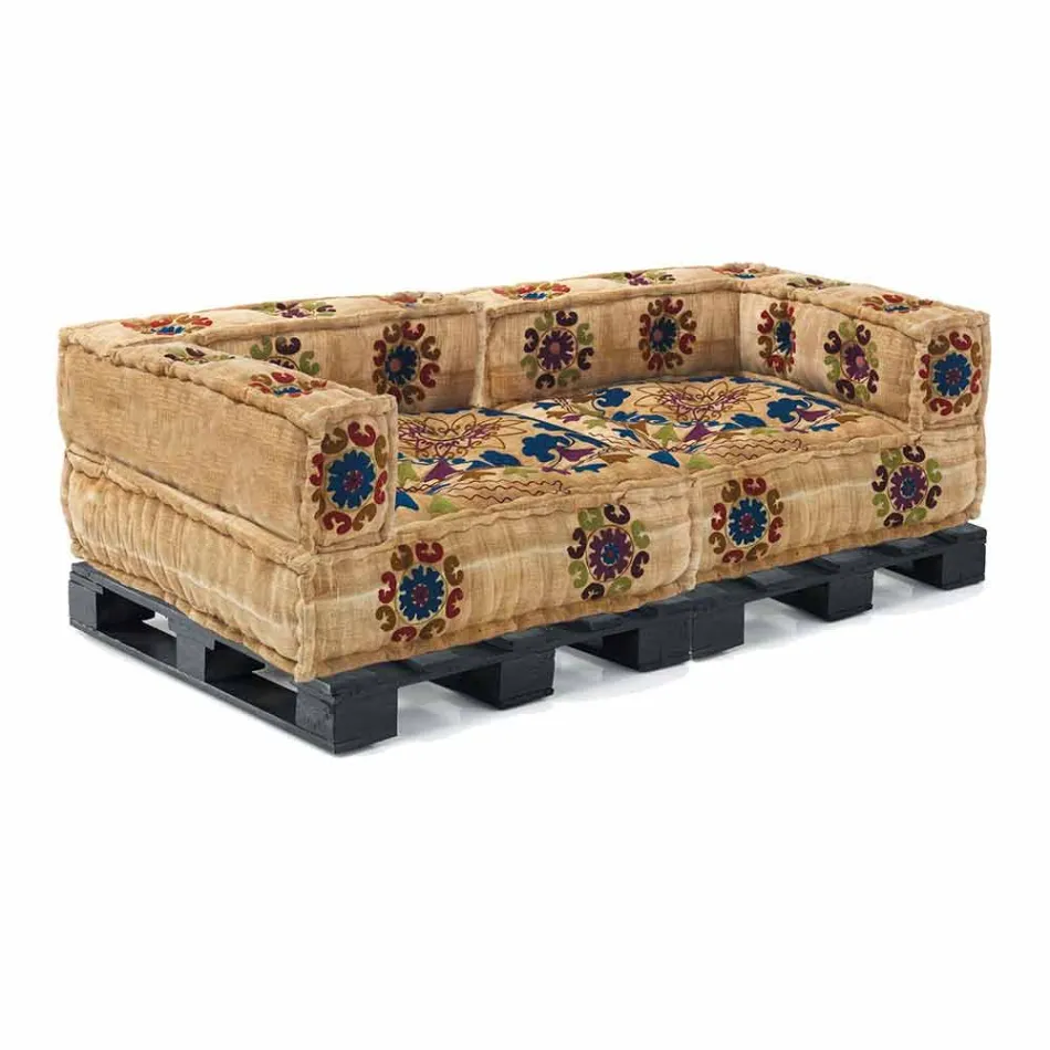 Padded Two-Seater Ethnic Sofa in Patchwork Fabric and Wood - Fiber Viadurini