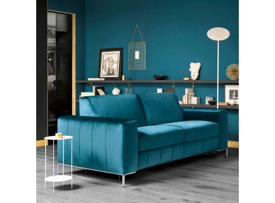 Sofa Bed in Petrol Fabric with Chromed Base Made in Italy - Ranuncolo Viadurini