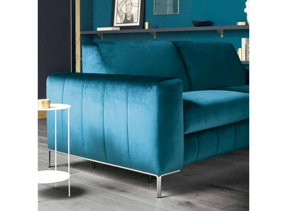 Sofa Bed in Petrol Fabric with Chromed Base Made in Italy - Ranuncolo Viadurini