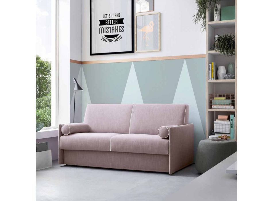 Sofa Bed in Pale Pink Fabric with White Border Made in Italy - Poppy Viadurini