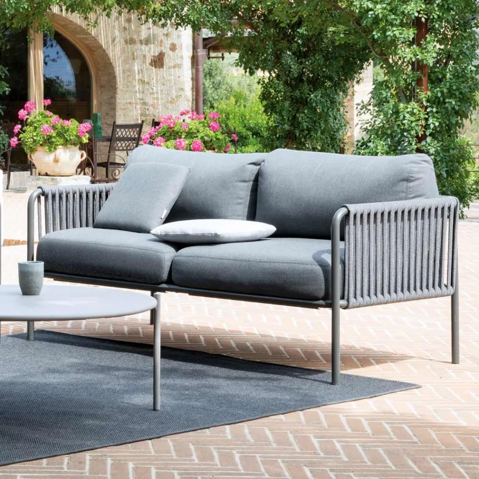 Outdoor Sofa in Steel and Rope Various Sizes with Cushions Made in Italy - Helga Viadurini
