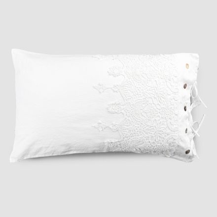 White Linen Pillowcase with Drop Lace, Buttons and Pillow Ties - Malone Viadurini