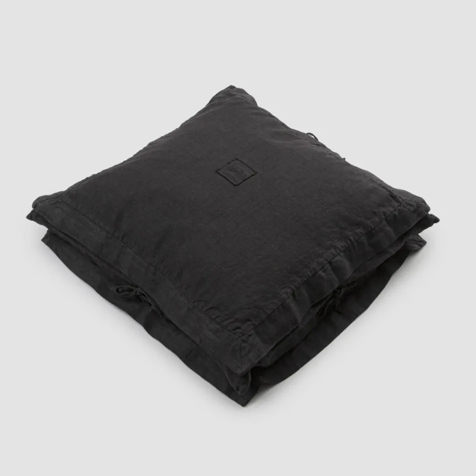 Square Cushion Cover in Black Heavy Linen and Laces Made in Italy - Matero Viadurini