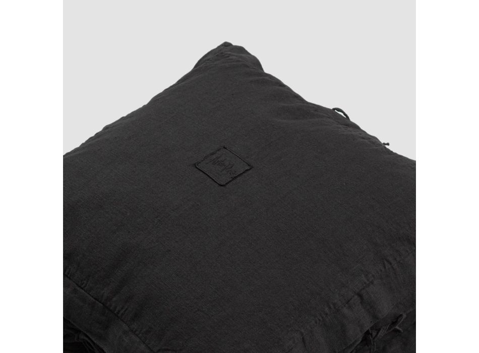 Square Cushion Cover in Black Heavy Linen and Laces Made in Italy - Matero Viadurini