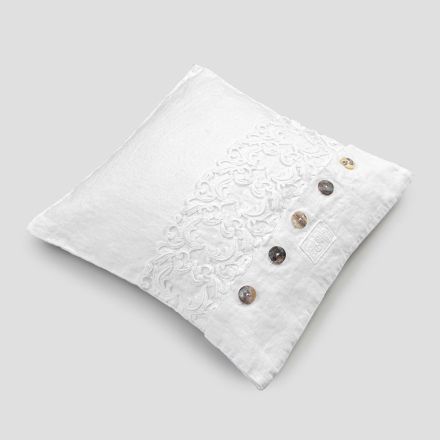 White Square Cushion Cover with Italian Luxury Lace and Buttons - Logos Viadurini