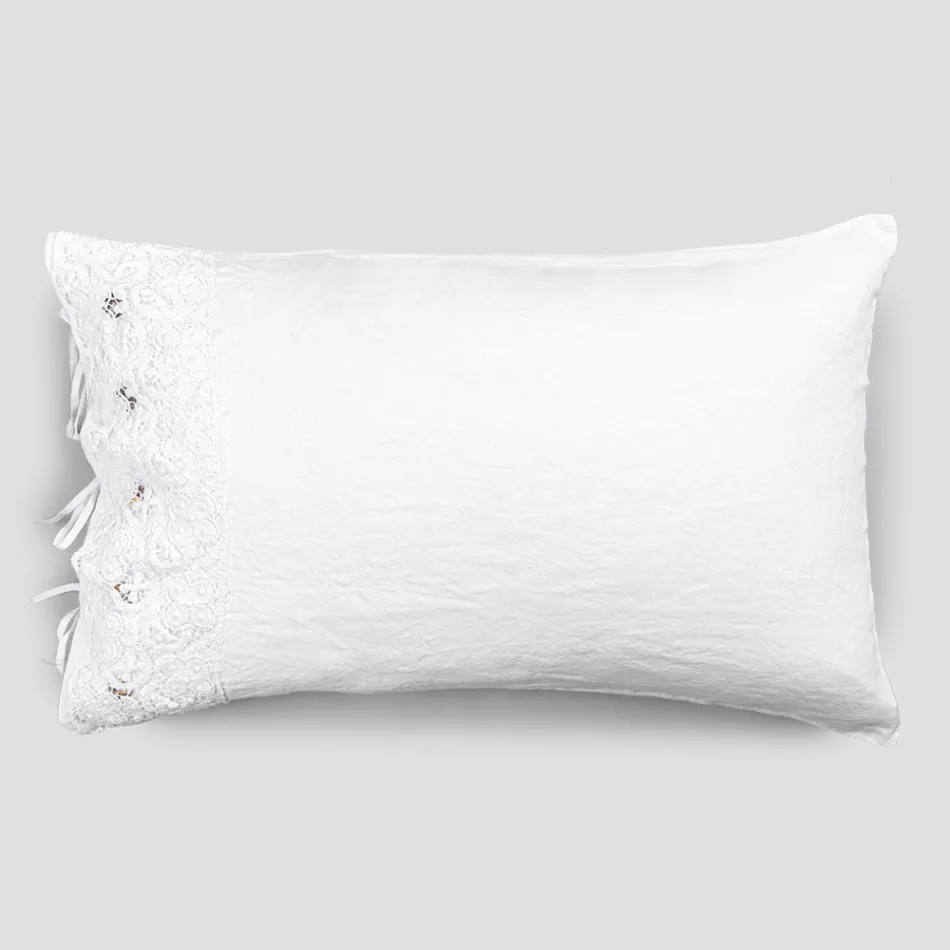 Linen Pillowcase with White Lace for Luxury Design Bed Made in Italy - Kiss Viadurini