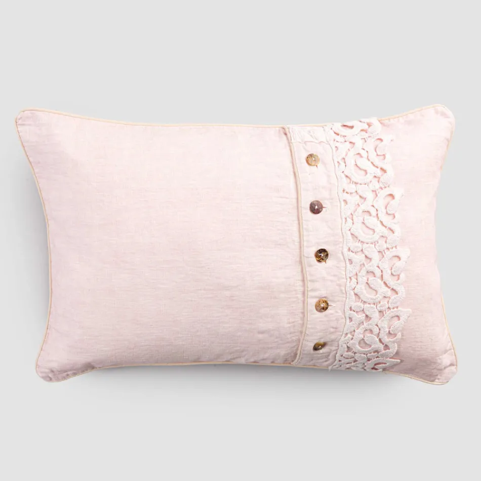 Pillowcase in Colored Linen, Poema Lace and Italian Luxury Piping - Stego Viadurini