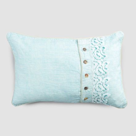 Pillowcase in Colored Linen, Poema Lace and Italian Luxury Piping - Stego Viadurini
