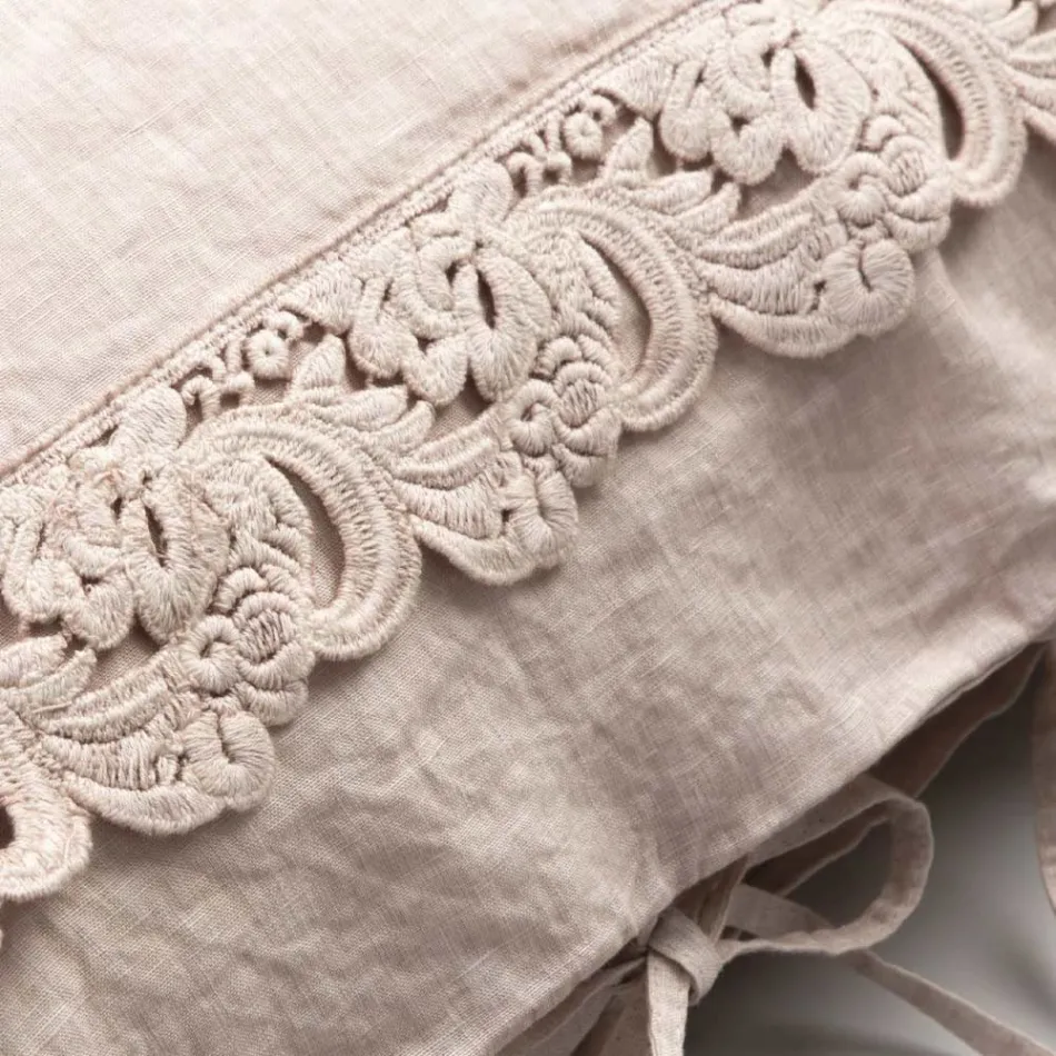 Linen Pillowcase with Armonia Lace and Powder Laces or Back - Masone Viadurini