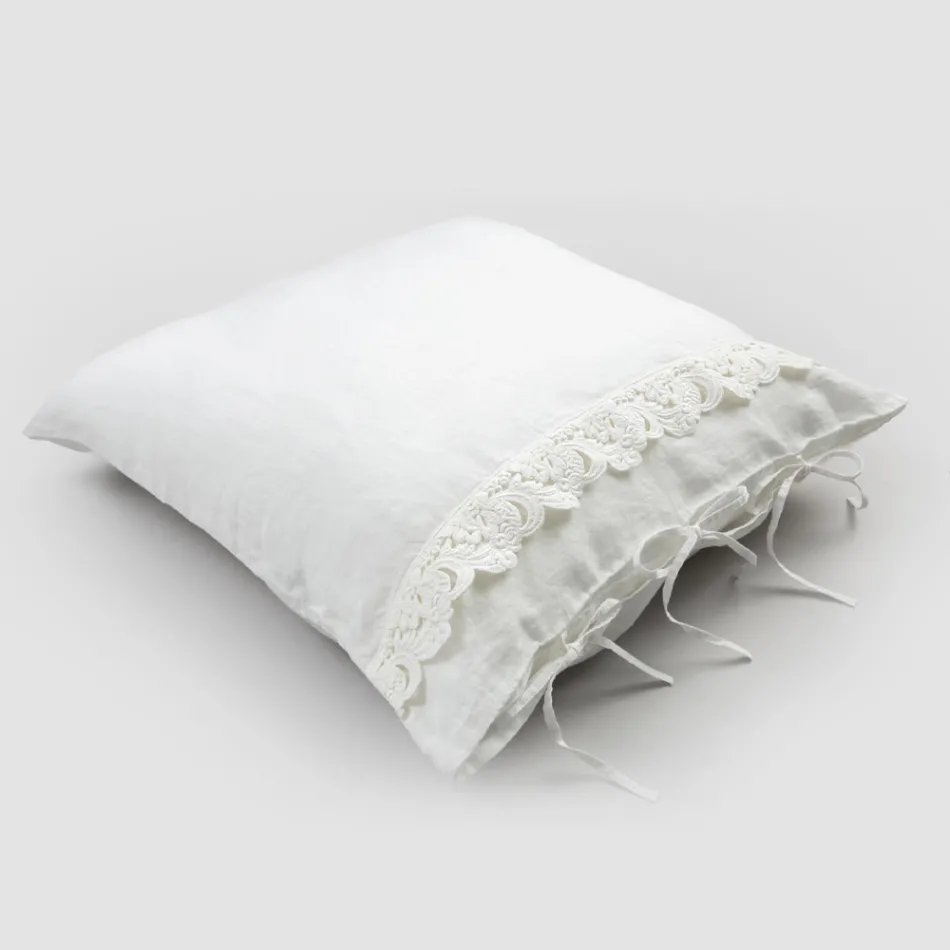 Linen Pillowcase with Armonia Lace and Powder Laces or Back - Masone Viadurini