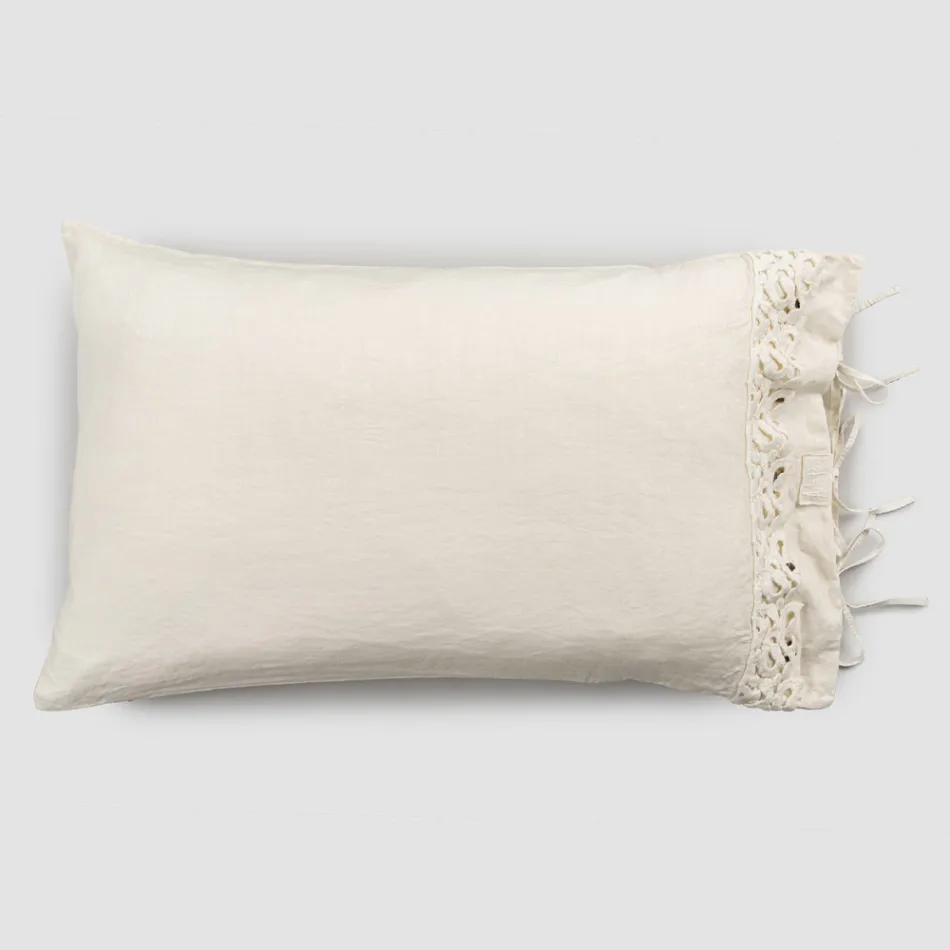 Linen Pillowcase with Poema Lace and Butter or Black Laces Made in Italy - Masone Viadurini