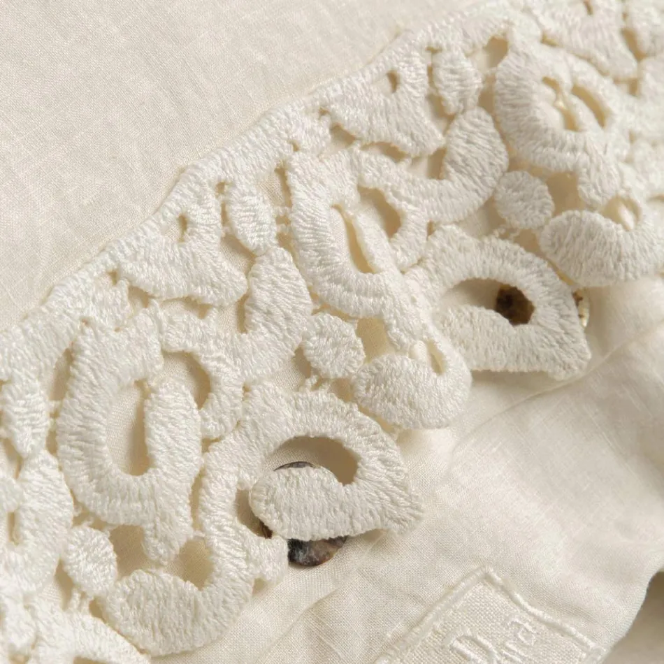 Linen Pillowcase with Poema Lace and Butter or Black Laces Made in Italy - Masone Viadurini