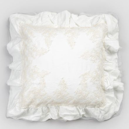 Square Pillowcase in White Linen with Decorative Lace on the Edges and Ruffles - Priscilla Viadurini