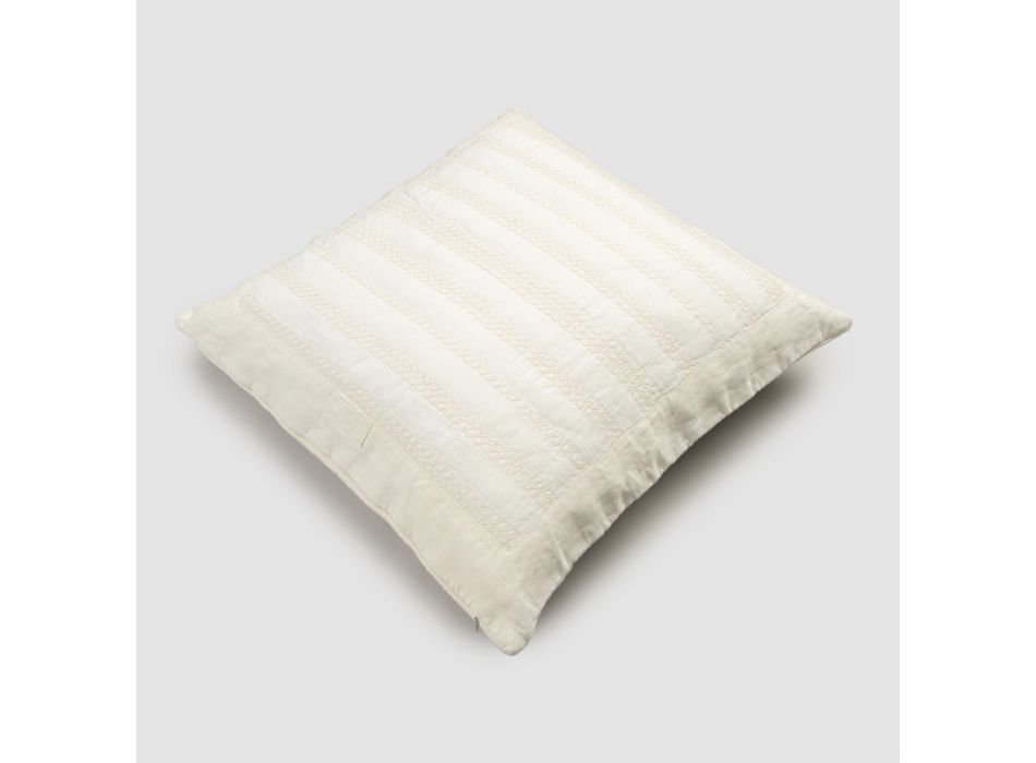Square Pillowcase in Chalk Linen or Retro Decoration with Sphere Embroidery and Frame - Elbow Viadurini