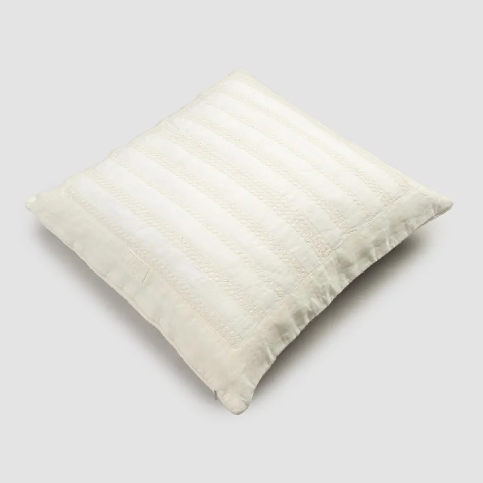 Square Pillowcase in Chalk Linen or Retro Decoration with Sphere Embroidery and Frame - Elbow Viadurini