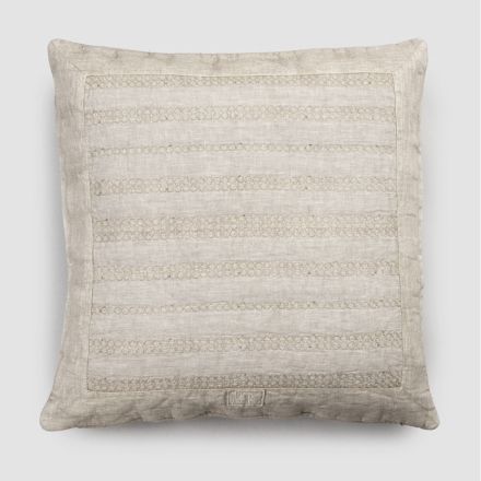 Square Pillowcase in Chalk Linen or Retro Decoration with Sphere Embroidery and Frame - Elbow Viadurini