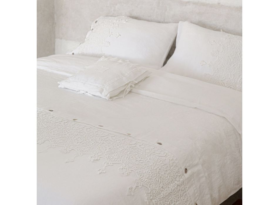Square Pillowcase in White Heavy Linen and Laces Made in Italy - Matero Viadurini