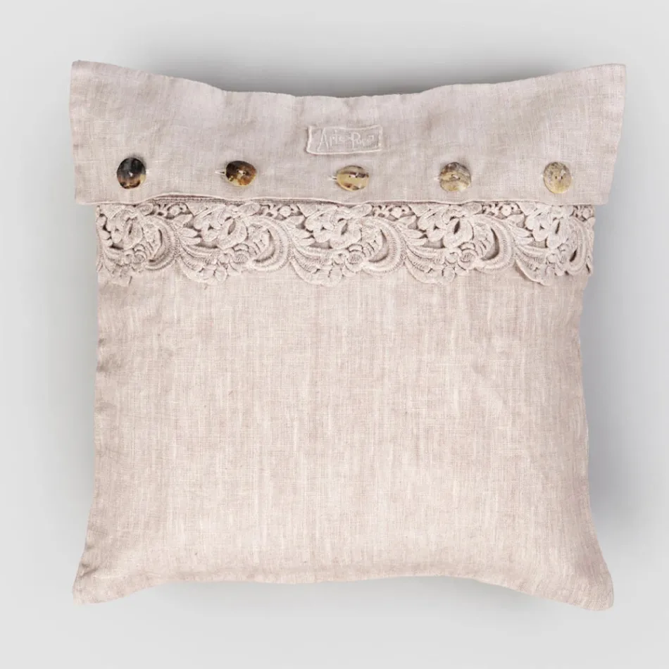 Square Pillowcase in Dusty or Retro Linen with Buttons and Armonia Lace - Logos Viadurini