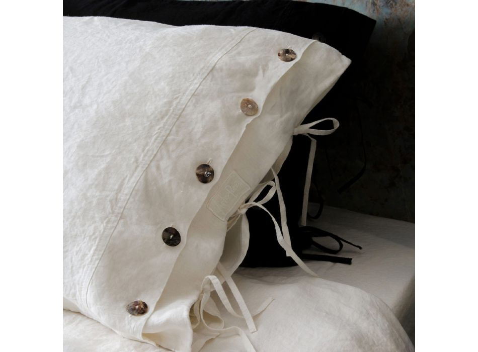 Rectangular Bed Pillowcase in White or Black Linen with Buttons and Laces - Agora Viadurini