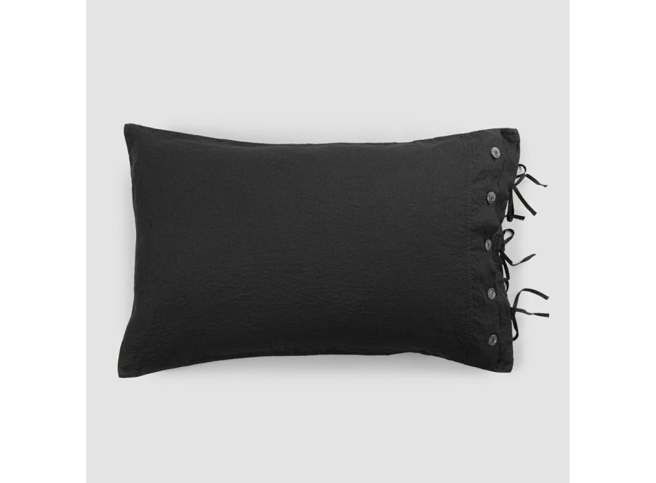 Rectangular Bed Pillowcase in White or Black Linen with Buttons and Laces - Agora Viadurini